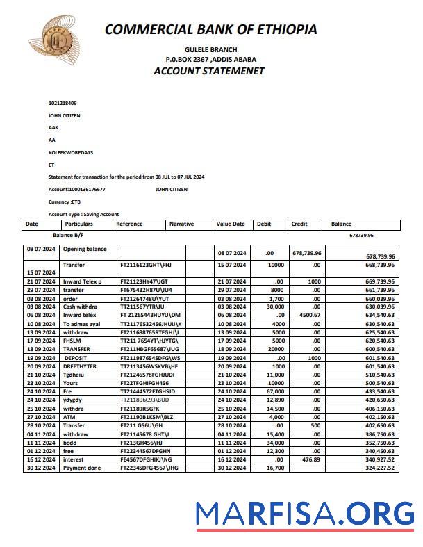 Realistic Ethiopia Commercial Bank of Ethiopia bank statement word version 2 example